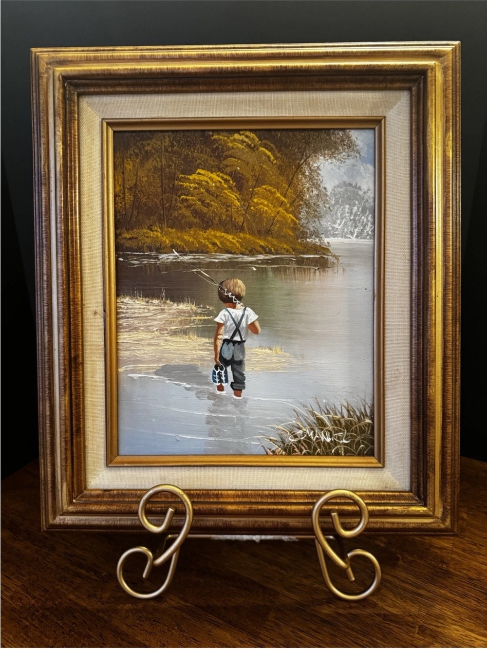 Signed Original Oil Painting Boy Fishing Landscape Wood Gold  Frame Wall Art
